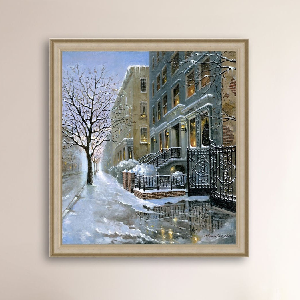Framed artwork of snowy 82nd street in New York with a brownstone  building entrance and Christmas Tree in the window.
