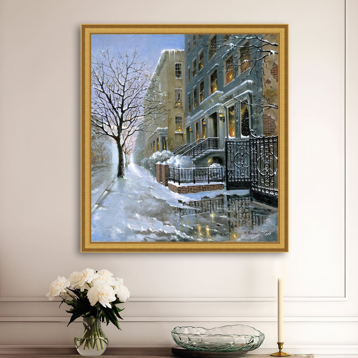Framed artwork of snowy 82nd street in New York with a brownstone  building entrance and Christmas Tree in the window.