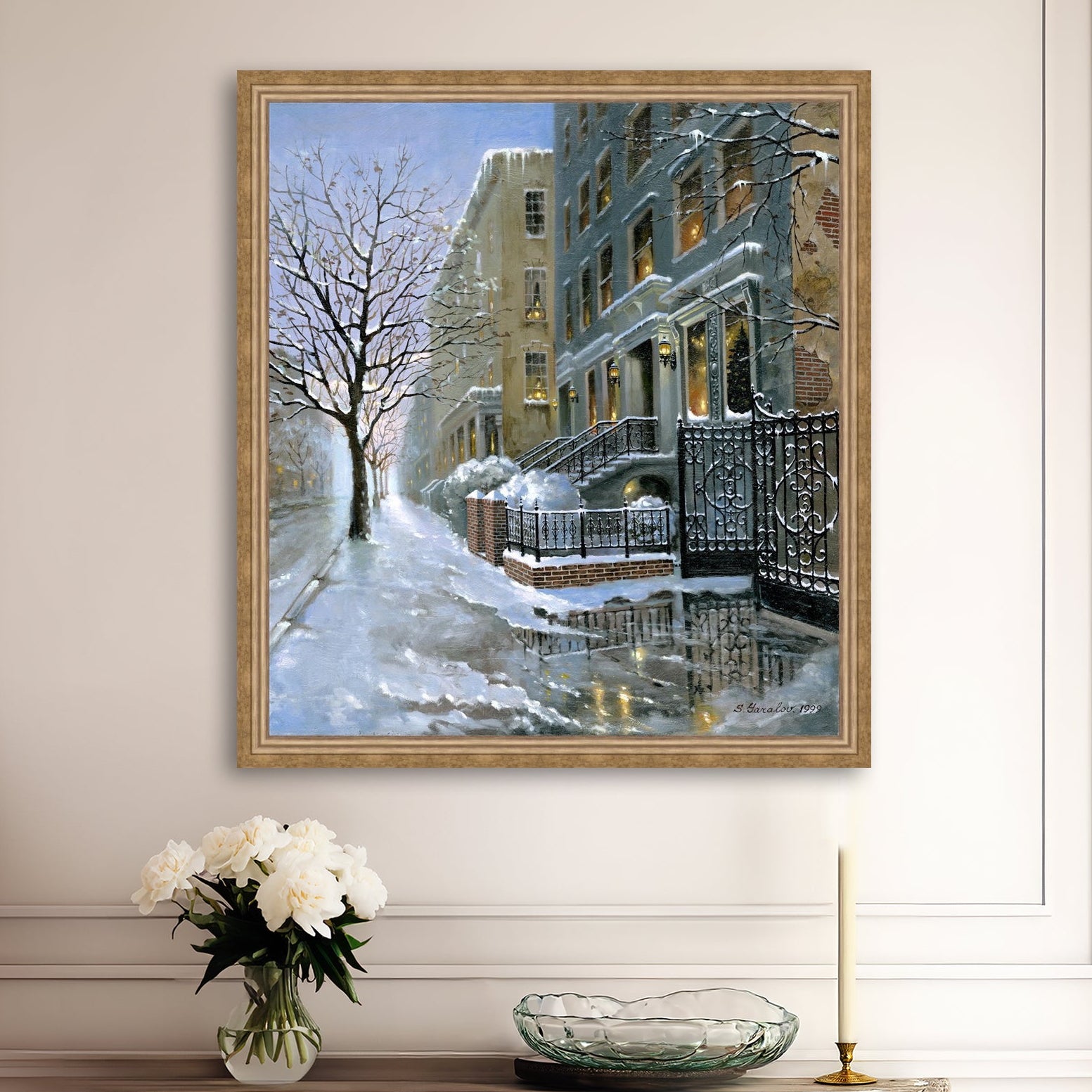 Framed artwork of snowy 82nd street in New York with a brownstone  building entrance and Christmas Tree in the window.