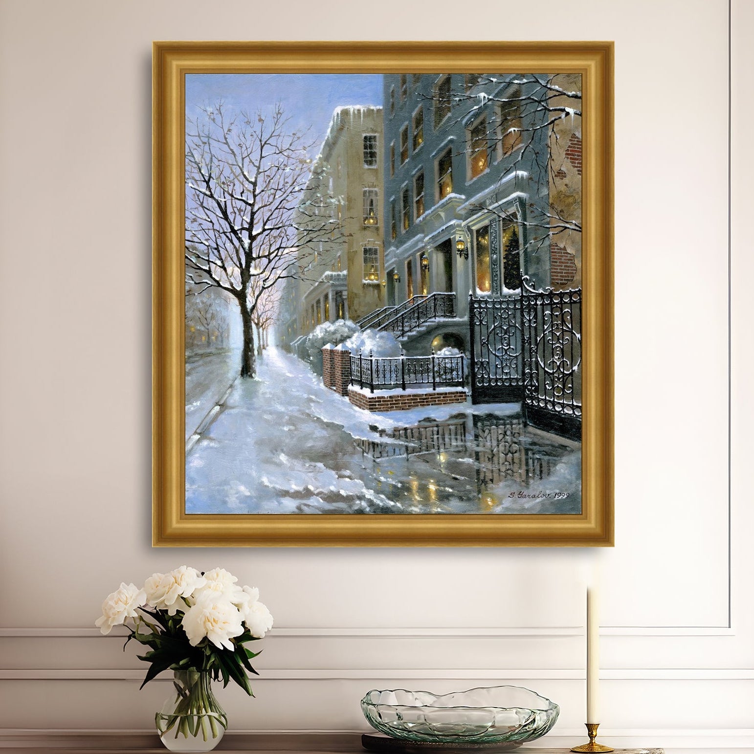 Framed artwork of snowy 82nd street in New York with a brownstone  building entrance and Christmas Tree in the window.