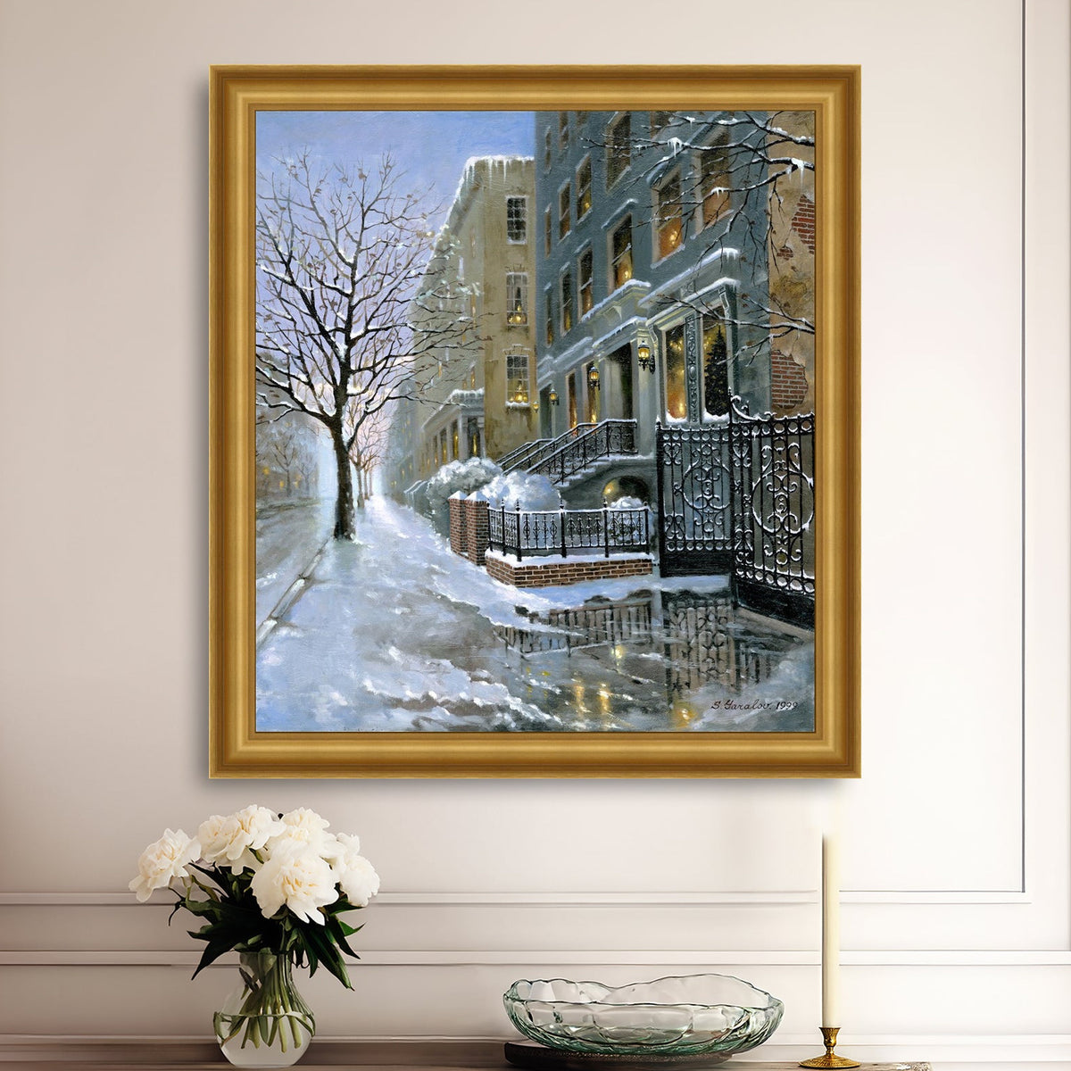 Framed artwork of snowy 82nd street in New York with a brownstone  building entrance and Christmas Tree in the window.