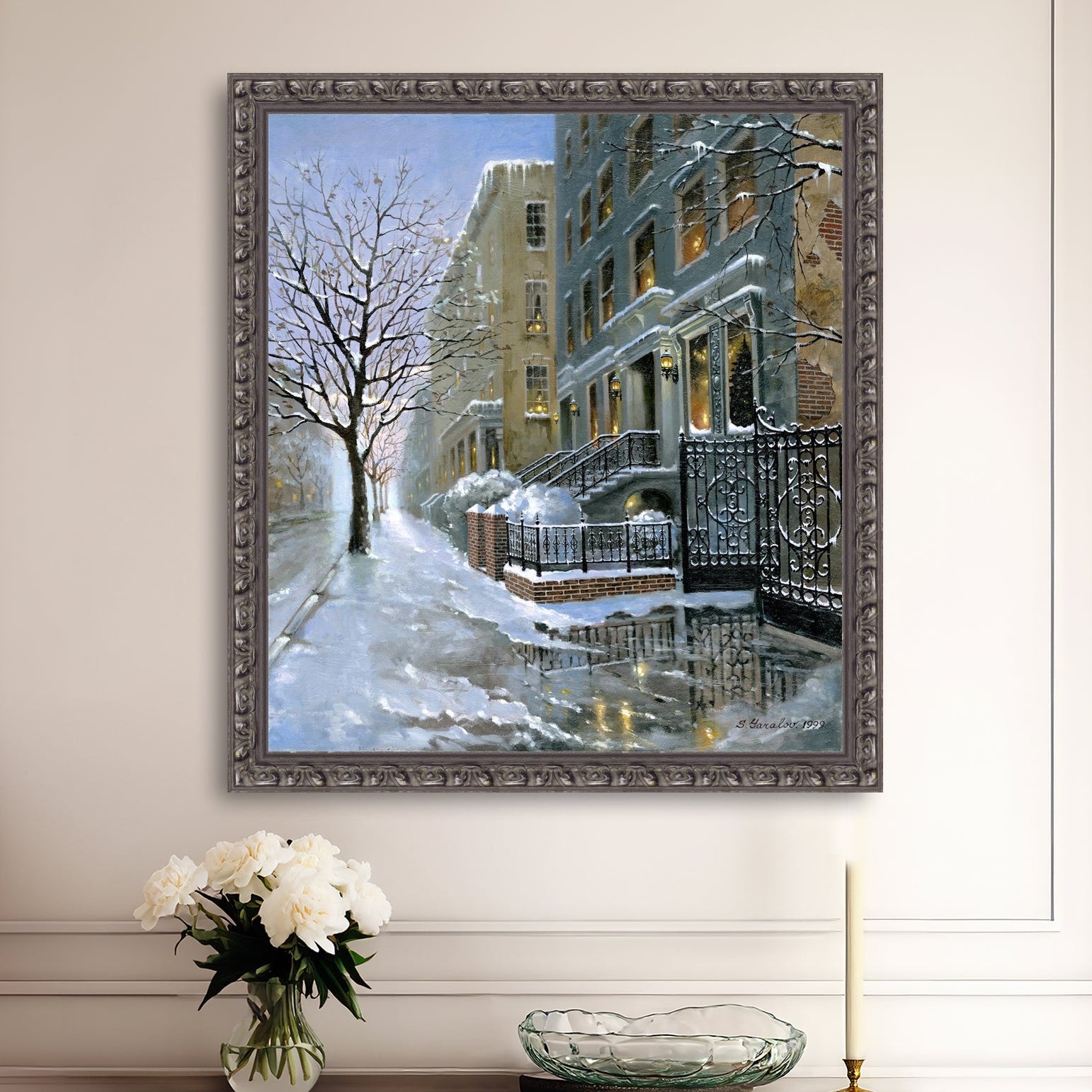 Framed artwork of snowy 82nd street in New York with a brownstone  building entrance and Christmas Tree in the window.