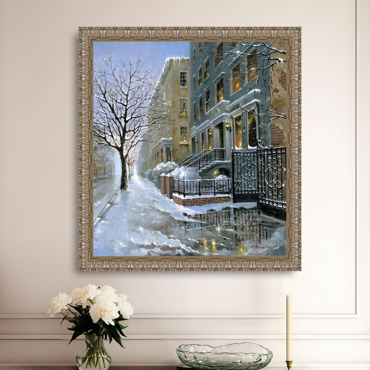 Framed artwork of snowy 82nd street in New York with a brownstone  building entrance and Christmas Tree in the window.
