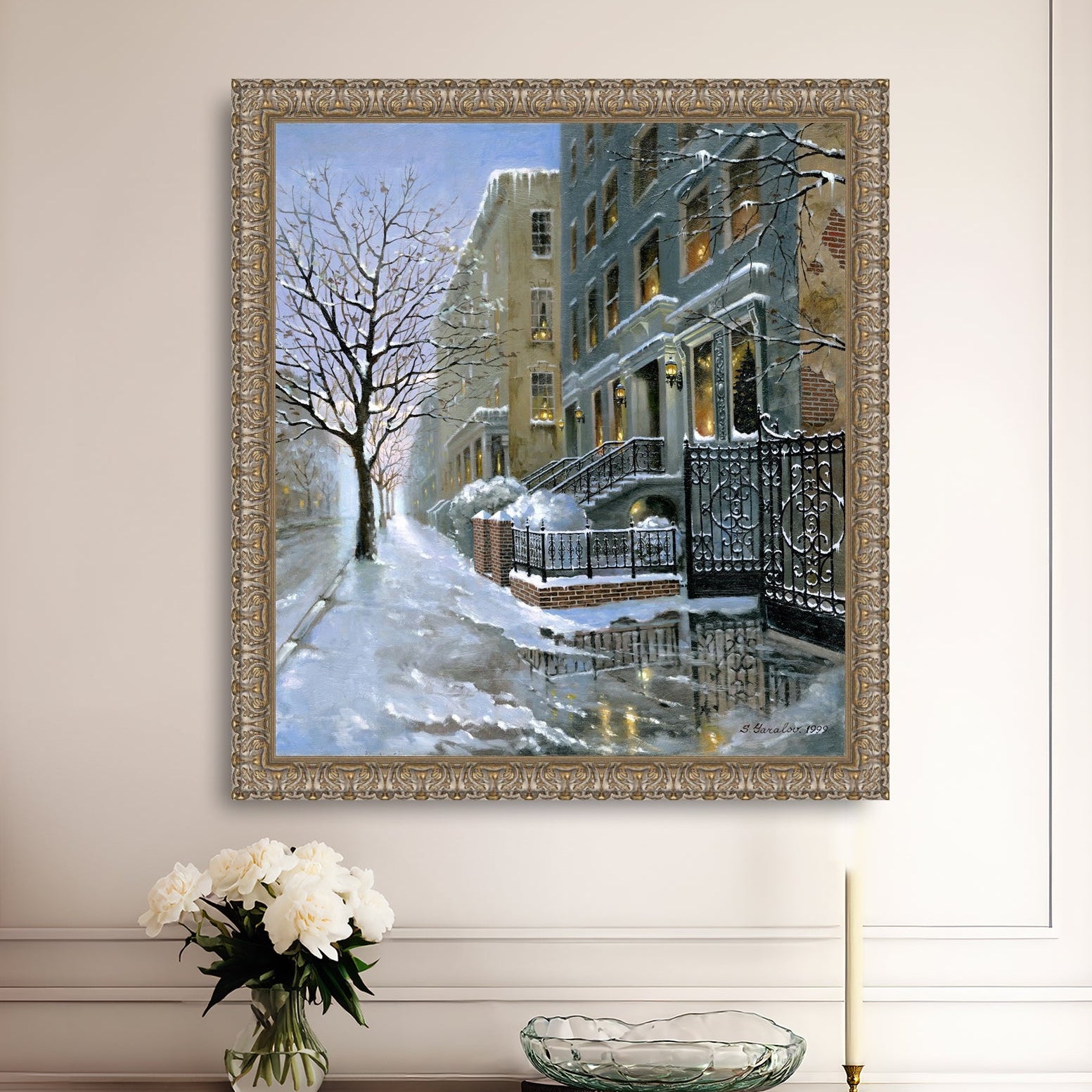 Framed artwork of snowy 82nd street in New York with a brownstone  building entrance and Christmas Tree in the window.