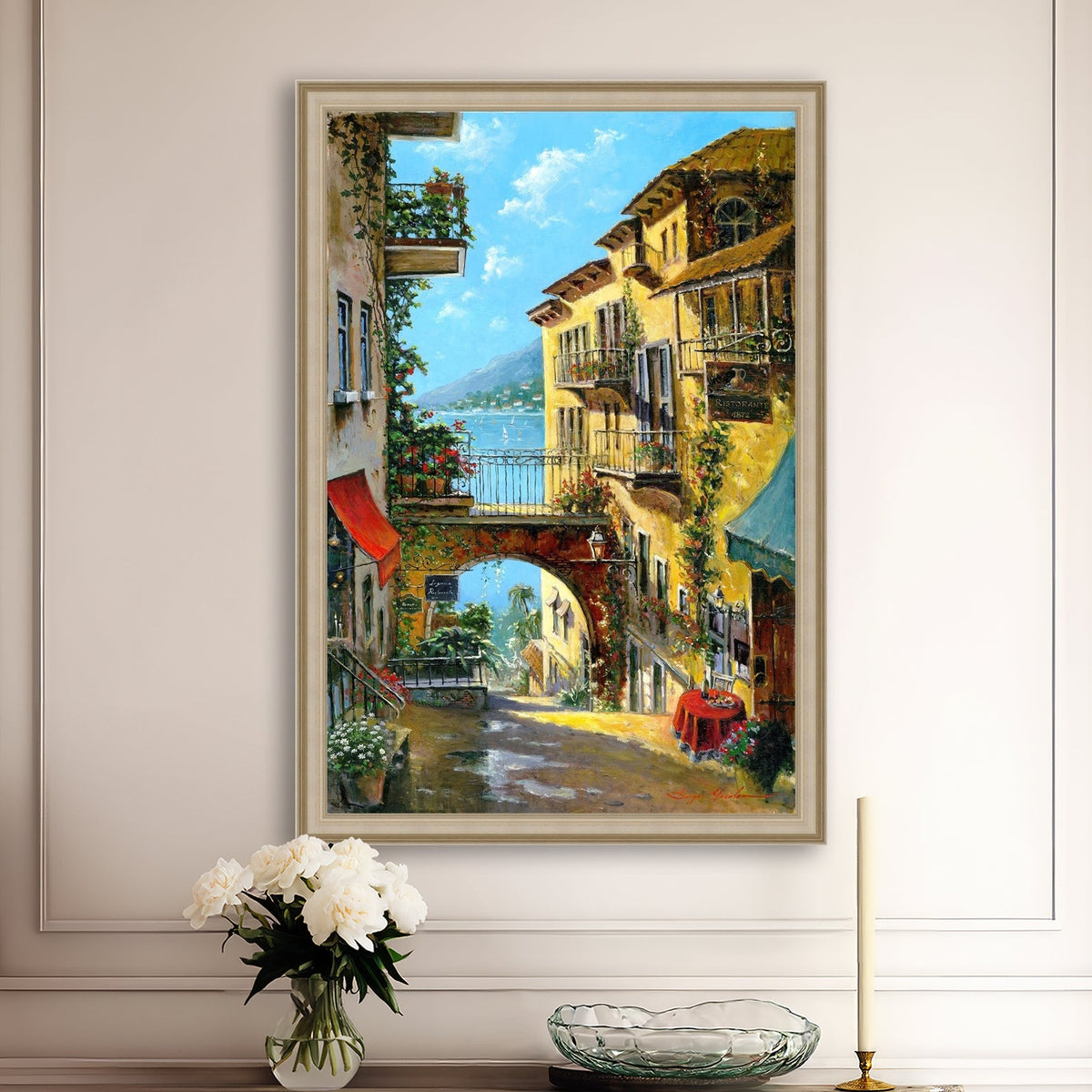 A vibrant canvas print depicting a narrow street with arches and balconies, Lake Como