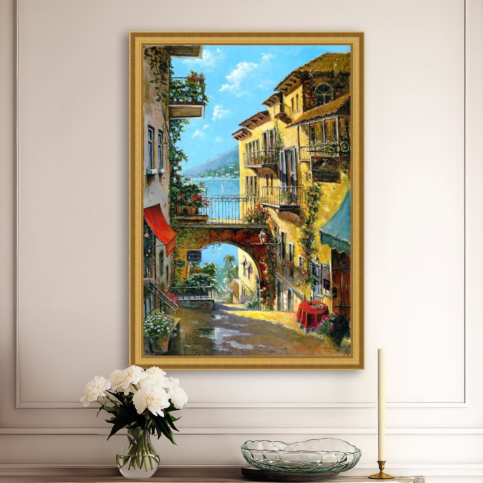 A vibrant canvas print depicting a narrow street with arches and balconies, Lake Como
