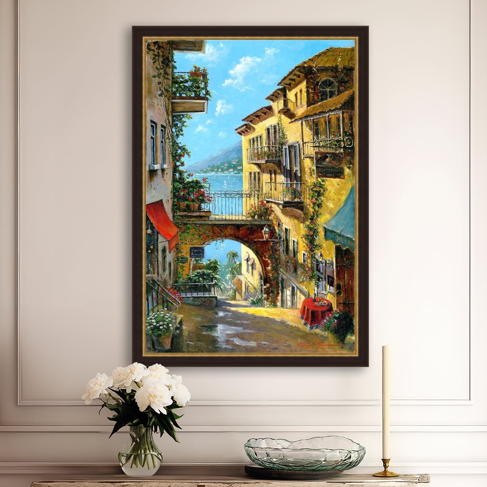 A vibrant canvas print depicting a narrow street with arches and balconies, Lake Como