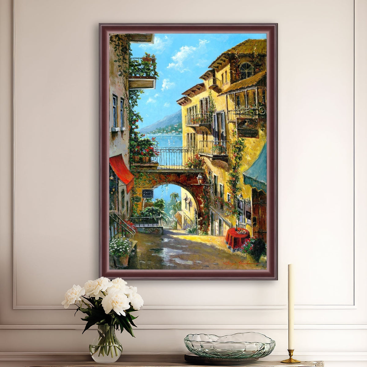 A vibrant canvas print depicting a narrow street with arches and balconies, Lake Como