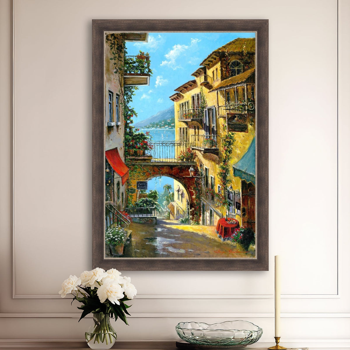 A vibrant canvas print depicting a narrow street with arches and balconies, Lake Como