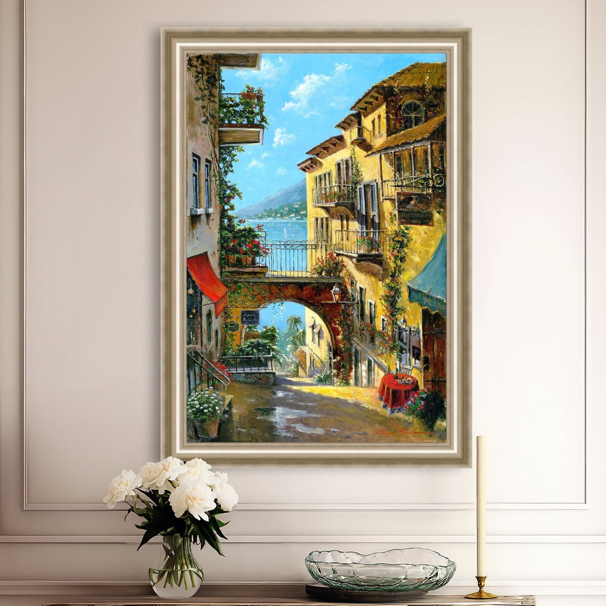 A vibrant canvas print depicting a narrow street with arches and balconies, Lake Como