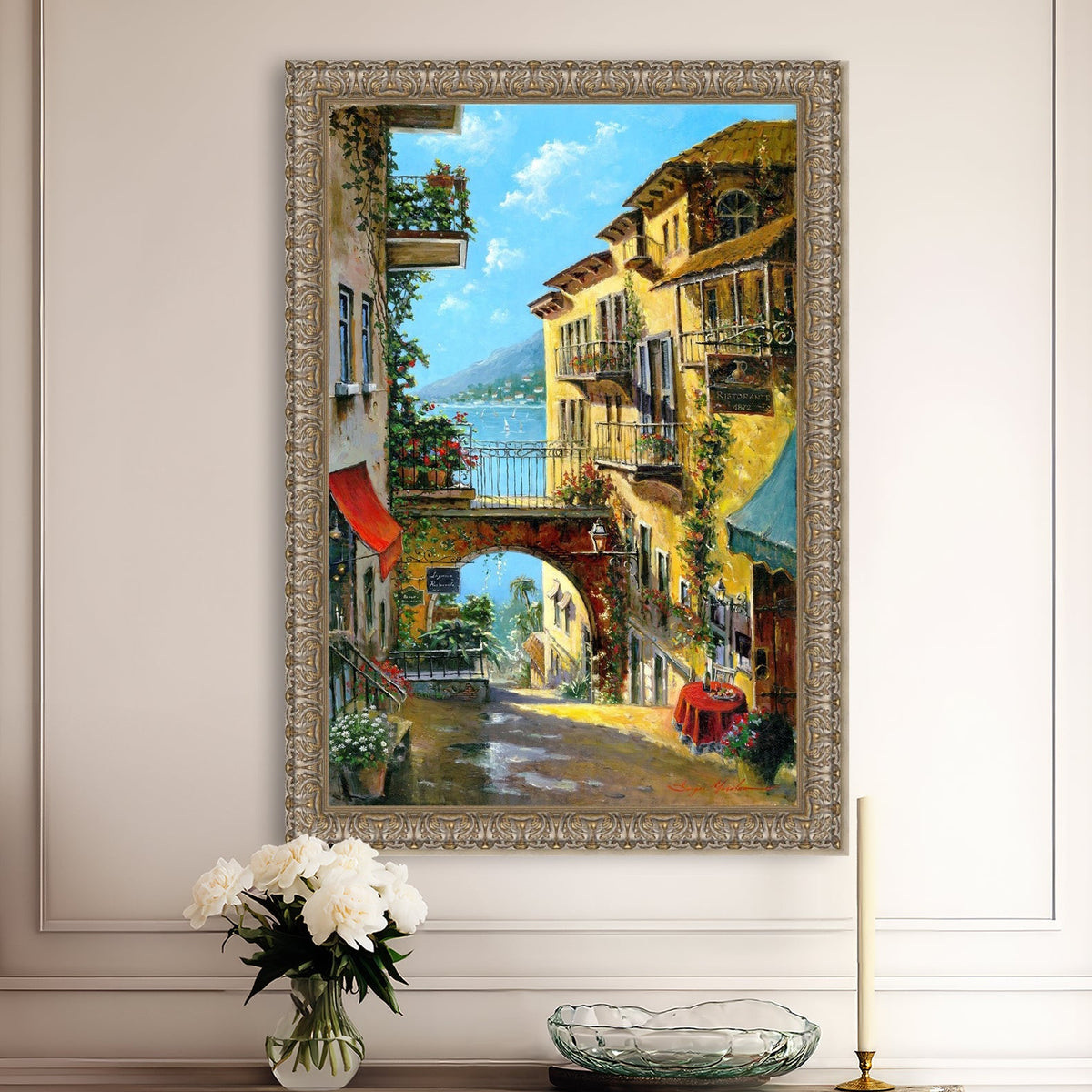 A vibrant canvas print depicting a narrow street with arches and balconies, Lake Como