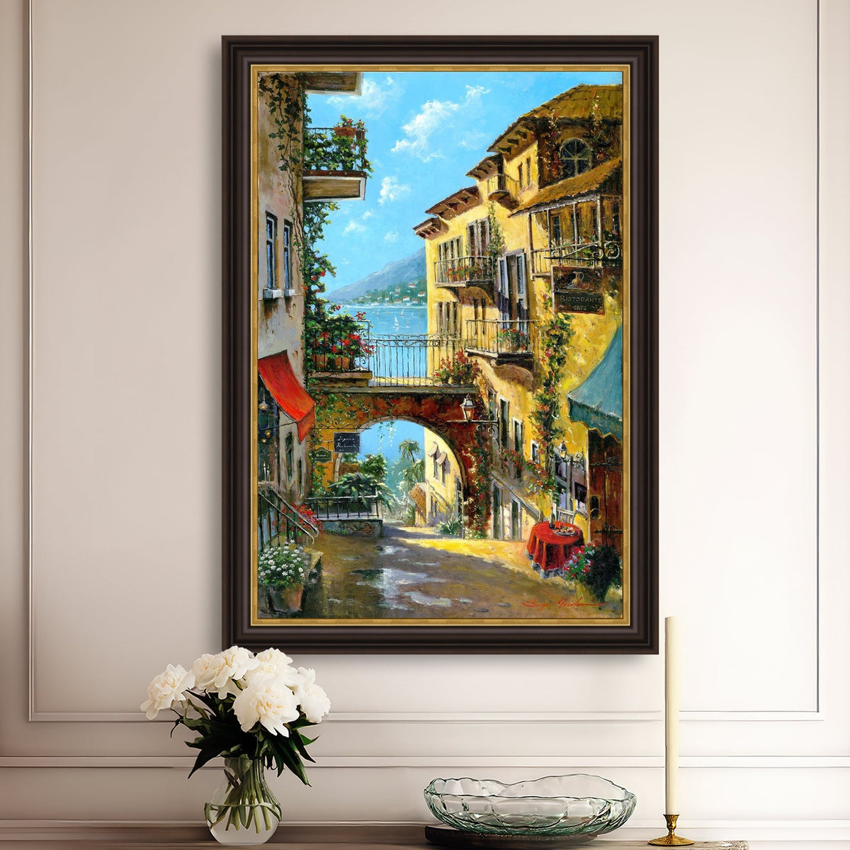 A vibrant canvas print depicting a narrow street with arches and balconies, Lake Como
