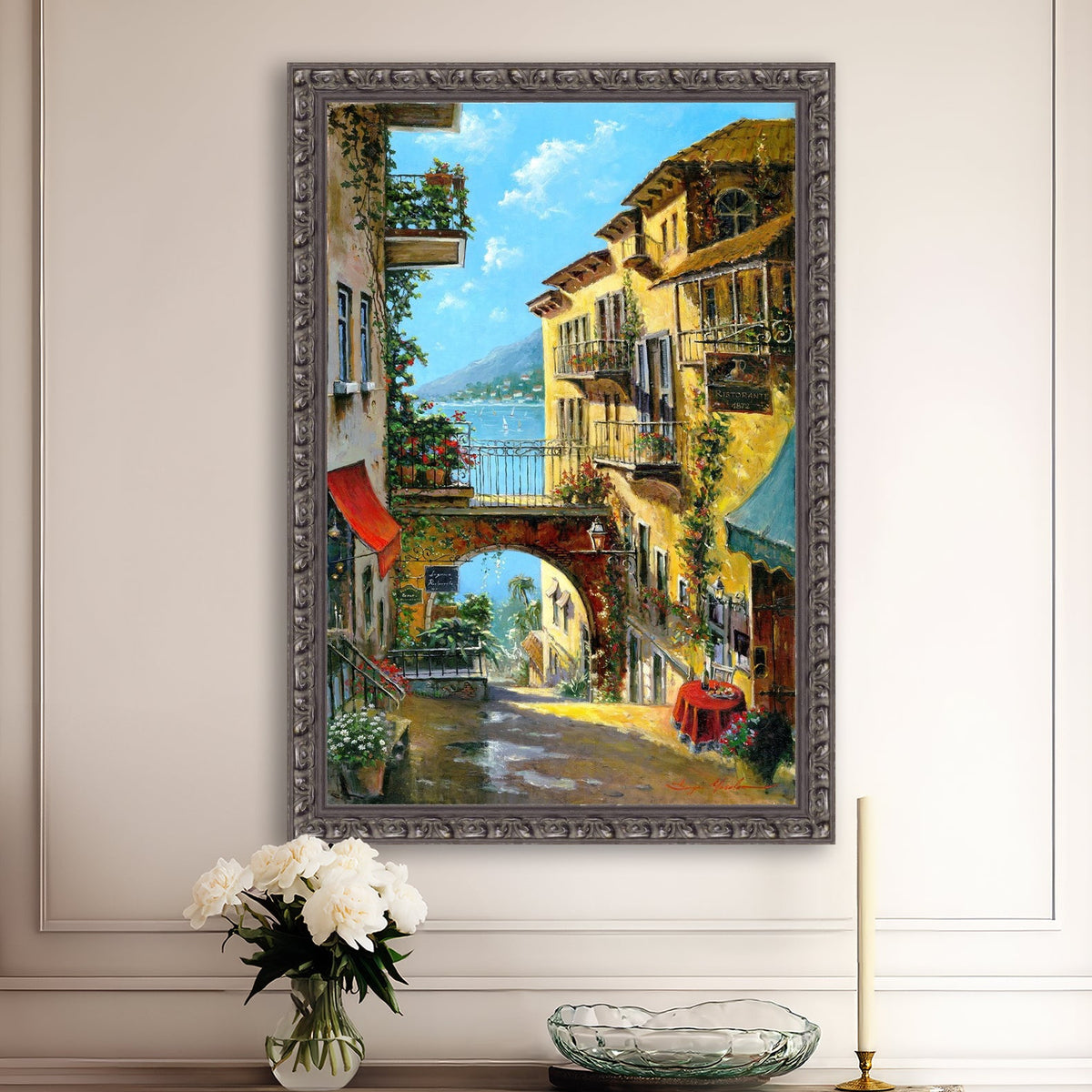 A vibrant canvas print depicting a narrow street with arches and balconies, Lake Como