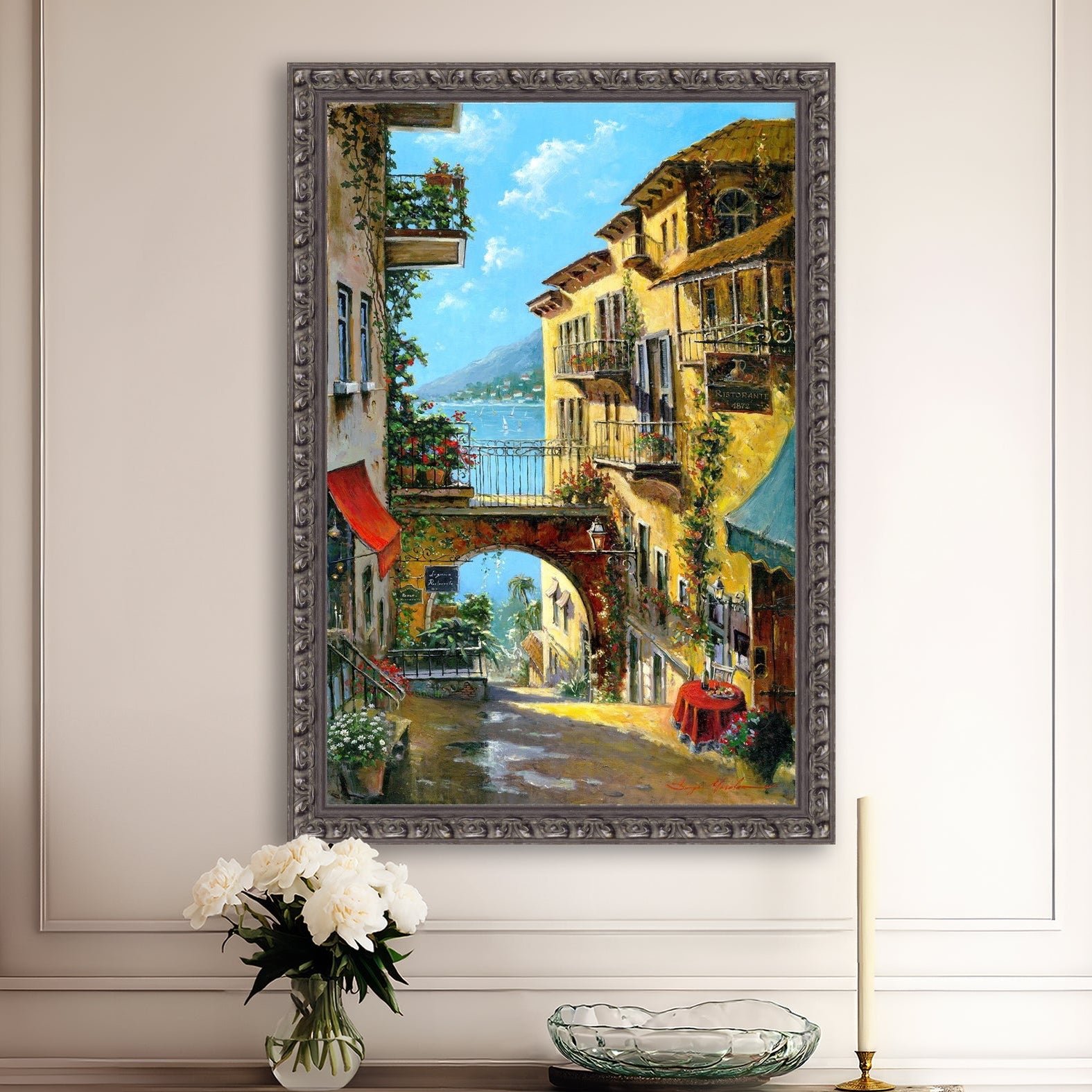 A vibrant canvas print depicting a narrow street with arches and balconies, Lake Como