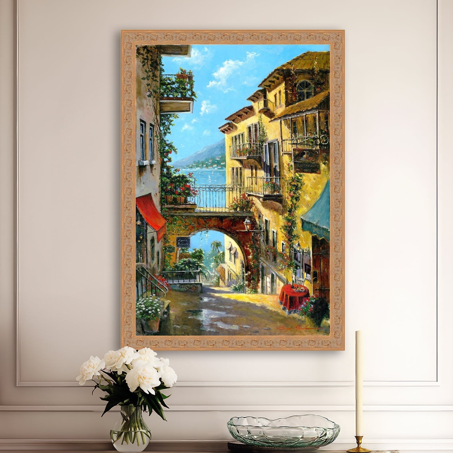 A vibrant canvas print depicting a narrow street with arches and balconies, Lake Como