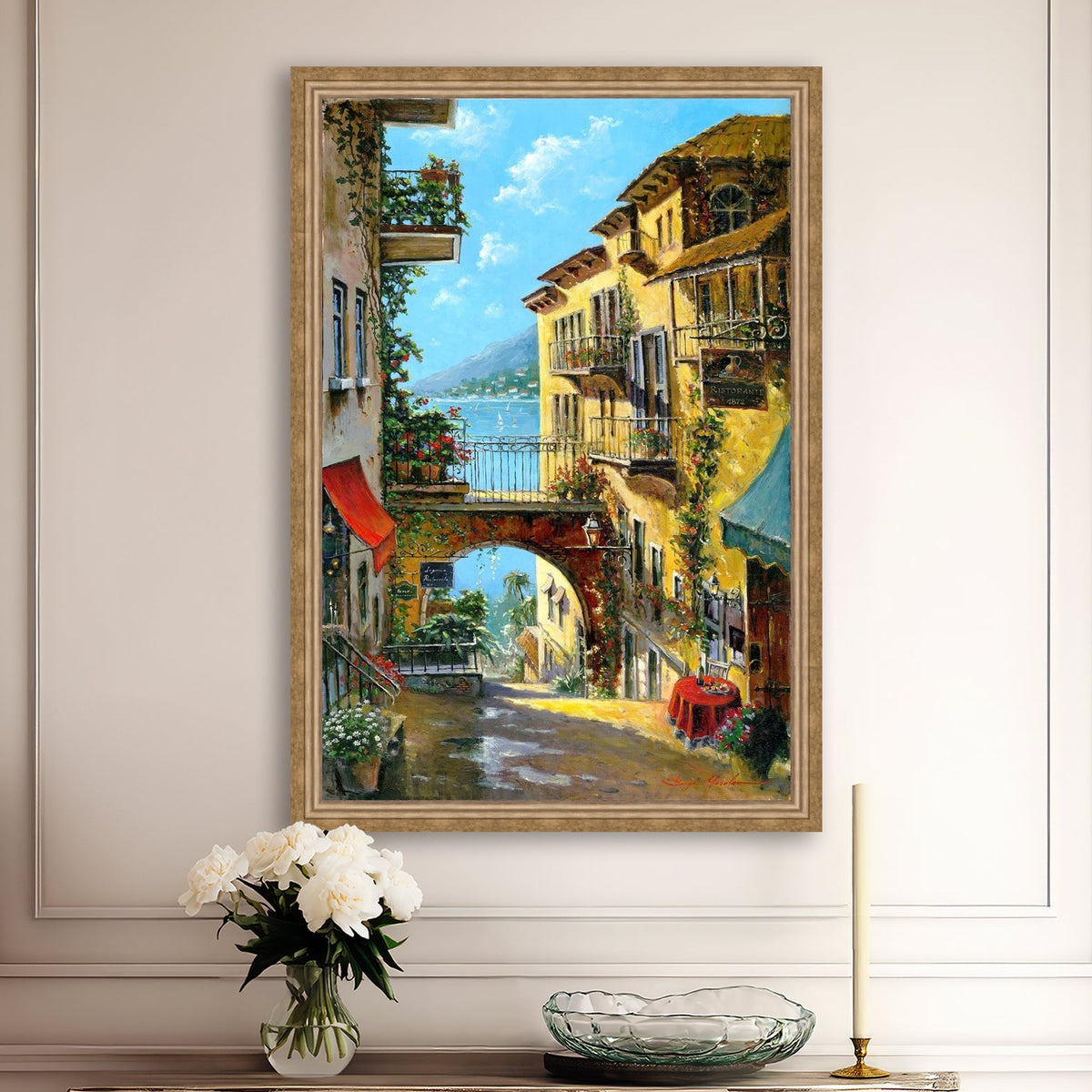 A vibrant canvas print depicting a narrow street with arches and balconies, Lake Como
